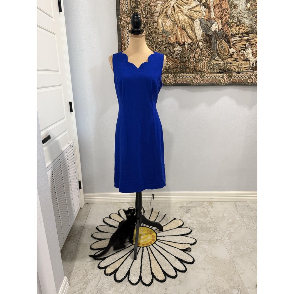 Talbots Dress Womens 10 Blue Scallop Neck Sleeveless Sheath Cocktail‎ Party